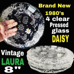 1980s Italian Brand New Vintage Deadstock Clear Pressed Glass Daisy Salad Plates